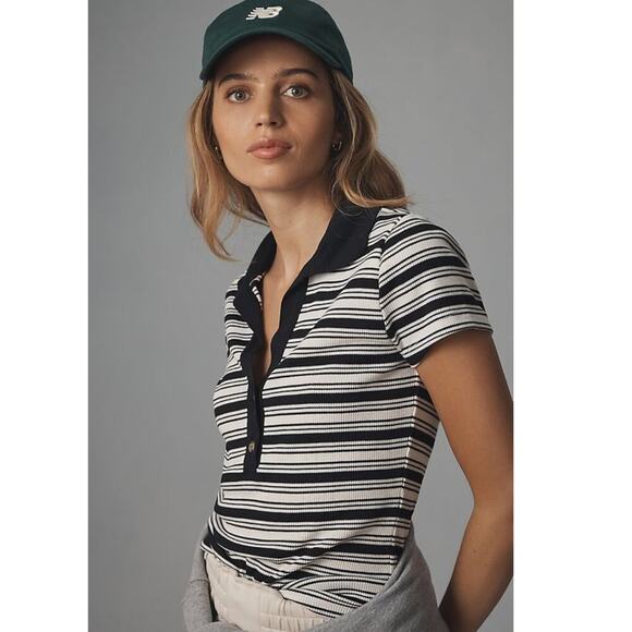 Anthropologie T.La Short-Sleeve Striped Polo Tee - Picture 2 of 8